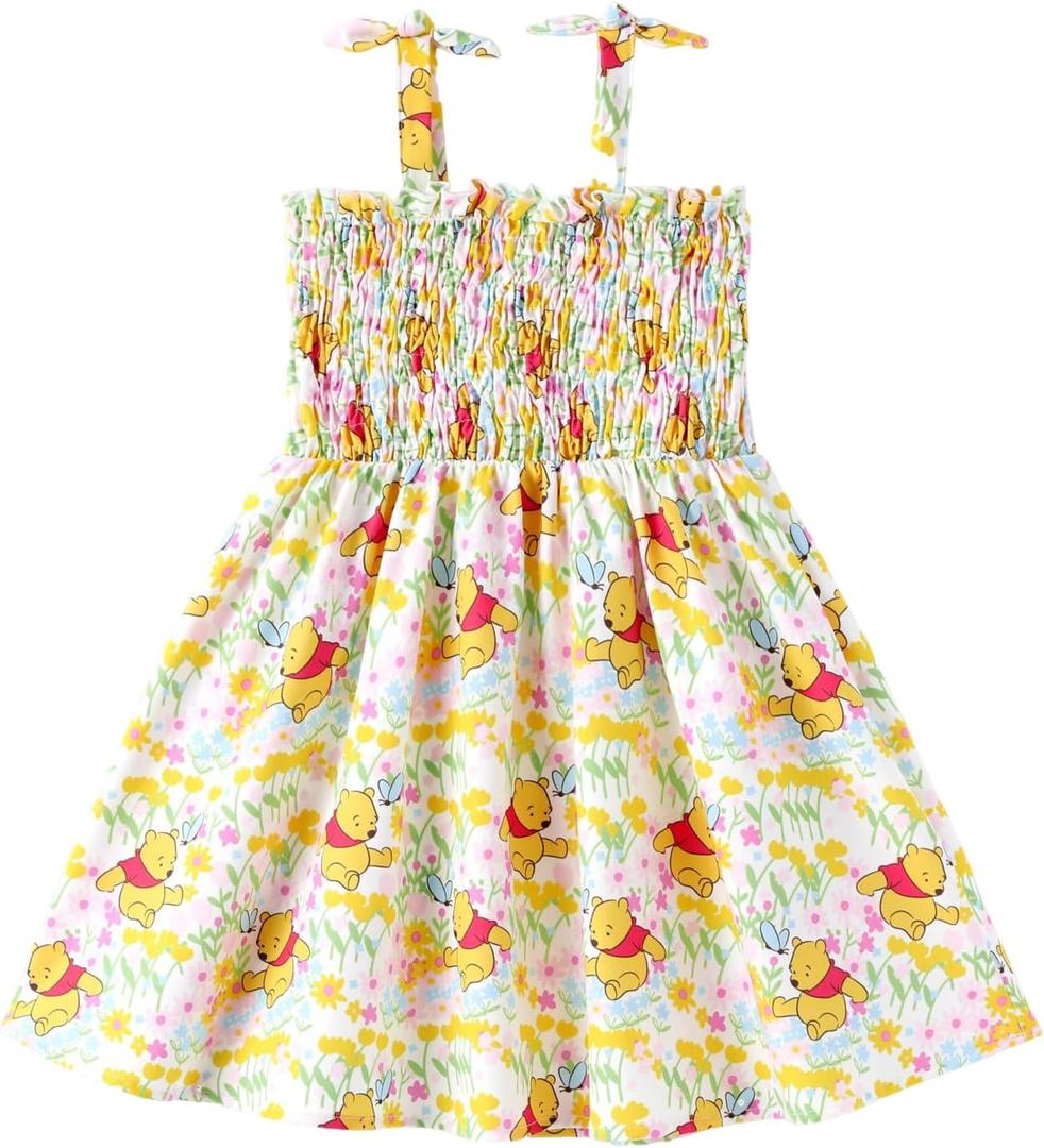 Disney Winnie the Pooh Girls Dress Yellow Floral Print Bow Tie Straps Smocked Sundress Birthday Park Casual Kids Summer Outfit Clothes Size 6-7