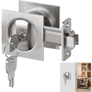 Square Pocket Door Lock, Satin Nickel Pocket Door Hardware, Sliding Pocket Door Lock with Key, Flush Pocket Door Latch for Bed/Bath