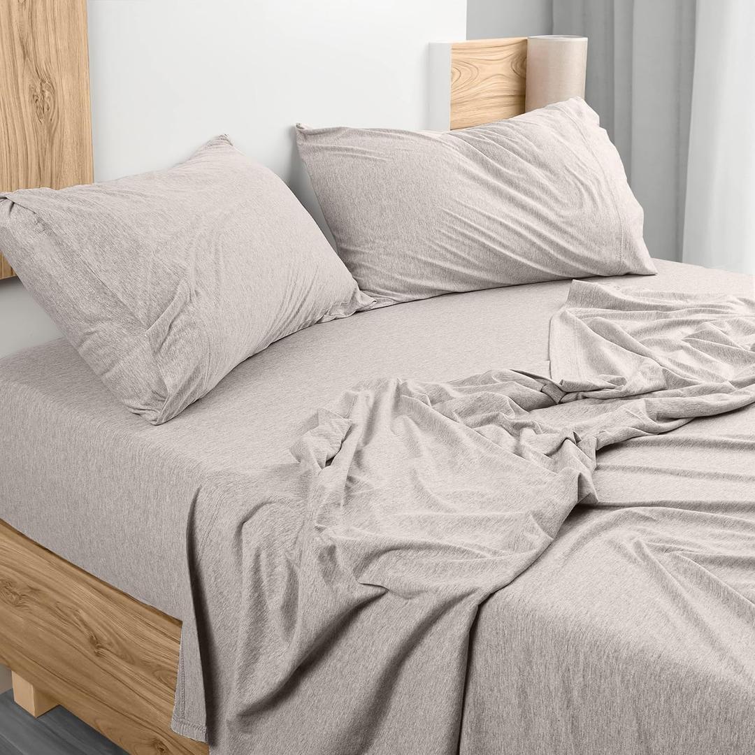 Utopia Jersey Knit 4-Piece Queen Sheet Set Cotton Sheets Soft, Stretchy T-Shirt Fabric (Queen, Oatmeal)