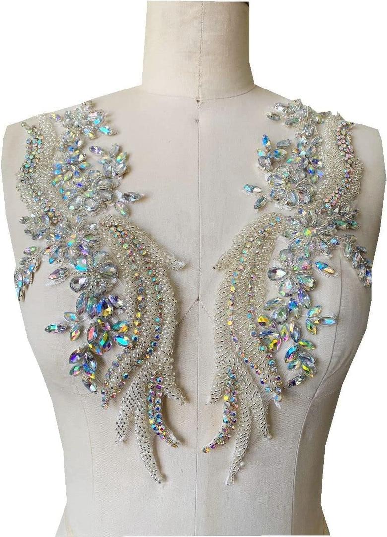 Handmade Rhinestones lace Applique handsewing Beads Trim Patches for Dress Clothing Accessories 35X12cm 1Pair/Bag (Clear AB)