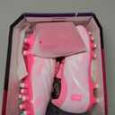 brooman Kids Firm Ground Soccer Cleats Boys Girls Football Shoes with Shin Guards and Soccer Socks (12, White Pink)