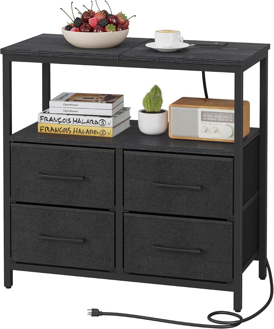 TUTOTAK Large Night Stand with Charging Station, Nightstand with USB and Type-C Port, Bedside Table with Cloth Drawers, End Table for Livingroom, Bedroom, Black TB01BK081, 1 PC-Large