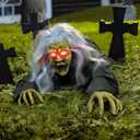 Hourleey Halloween Outdoor Decorations, Animated Zombie Groundbreaker Climbing Prop with Lighted Eyes and Scary Sound, Halloween Decor for Graveyard Haunted House Indoor Lawn Yard