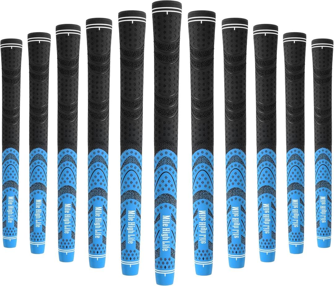 Mile High Life Golf Grips 13 Pack / 3 Pack - All-Weather Soft Rubber Golf Club Grips - High Shock Absorption, Enhanced Traction - Standard, Midsize & Jumbo Size (Core 0.58"-0.61") (13 Pieces Blue) Mile High Life Golf Grips 13 Pack / 3 Pack - All-Weather Soft Rubber Golf Club Grips - High Shock Absorption, Enhanced Traction - Standard, Midsize & Jumbo Size (Core 0.58"-0.61") (13 Pieces Blue)