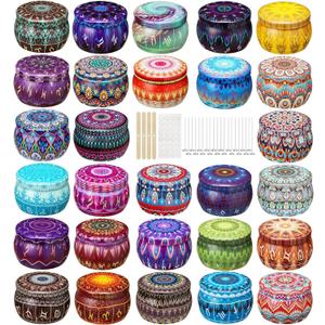 Arxinor Empty 3 oz Candle Tins Candle Jars 28 Pcs 28 Patterns, Candle Making Kits, with Wicks, Wick Holders & Stickers