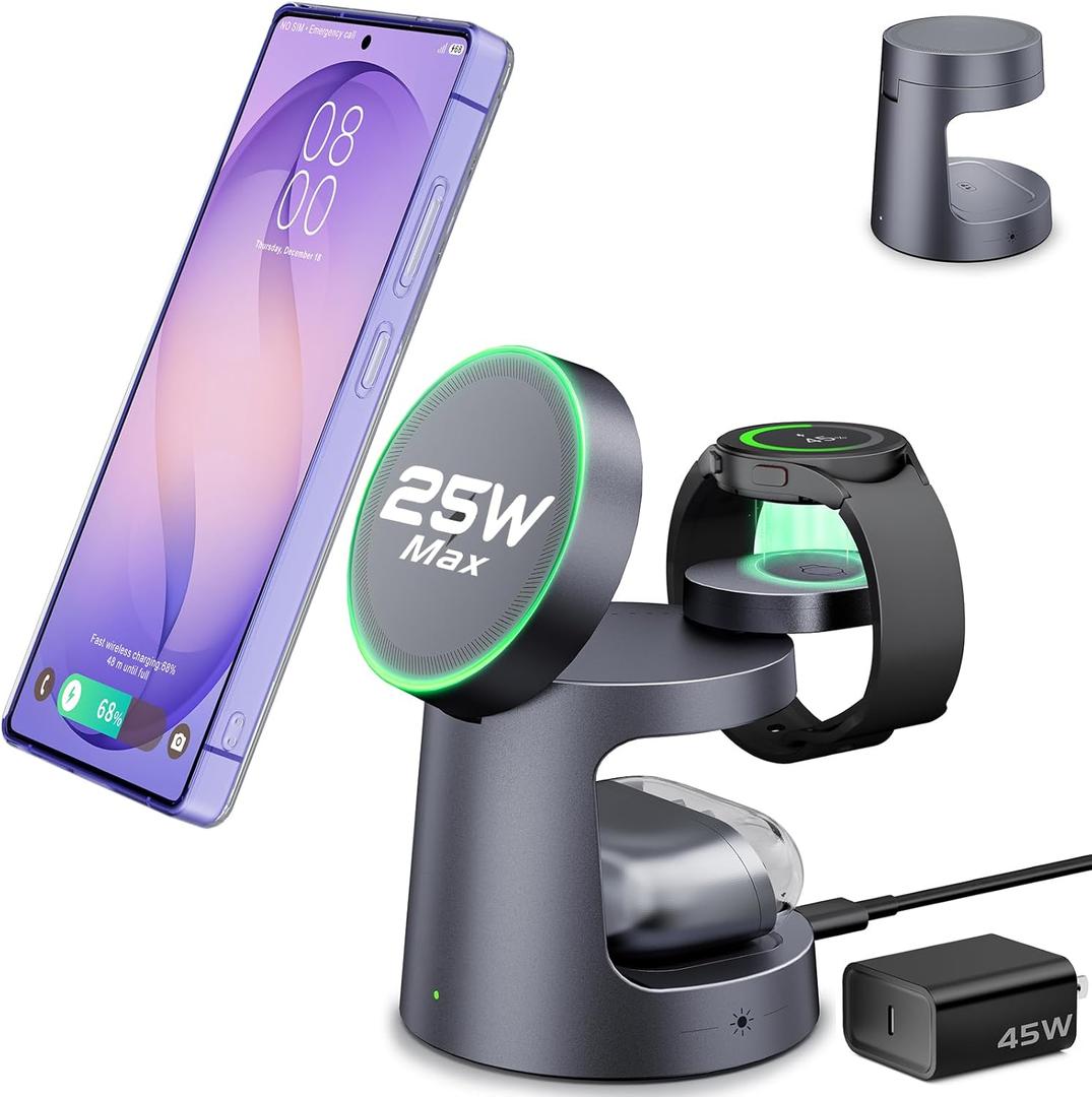 25W Magnetic Wireless Charger for Samsung S26 Ultra, 3-in-1 Fast Charging Station Compatible with Magsafe,Compact Travel Charger Stand for S26 Plus/S25&Galaxy Watch Ultra 8/7 with Night Light