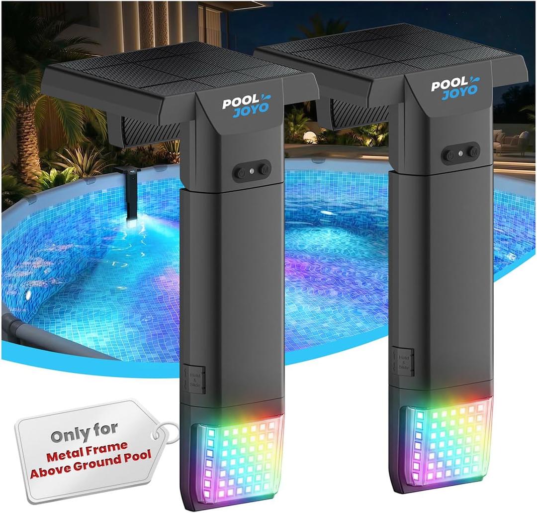 Solar Pool Lights Only for Metal Frame Above Ground Pools, 1.713.9 Top Rails, Remote Control, Brighter 3-Sided 180 Underwater Glow, 10 Colors 4 Modes, IP68 Waterproof2 Pack