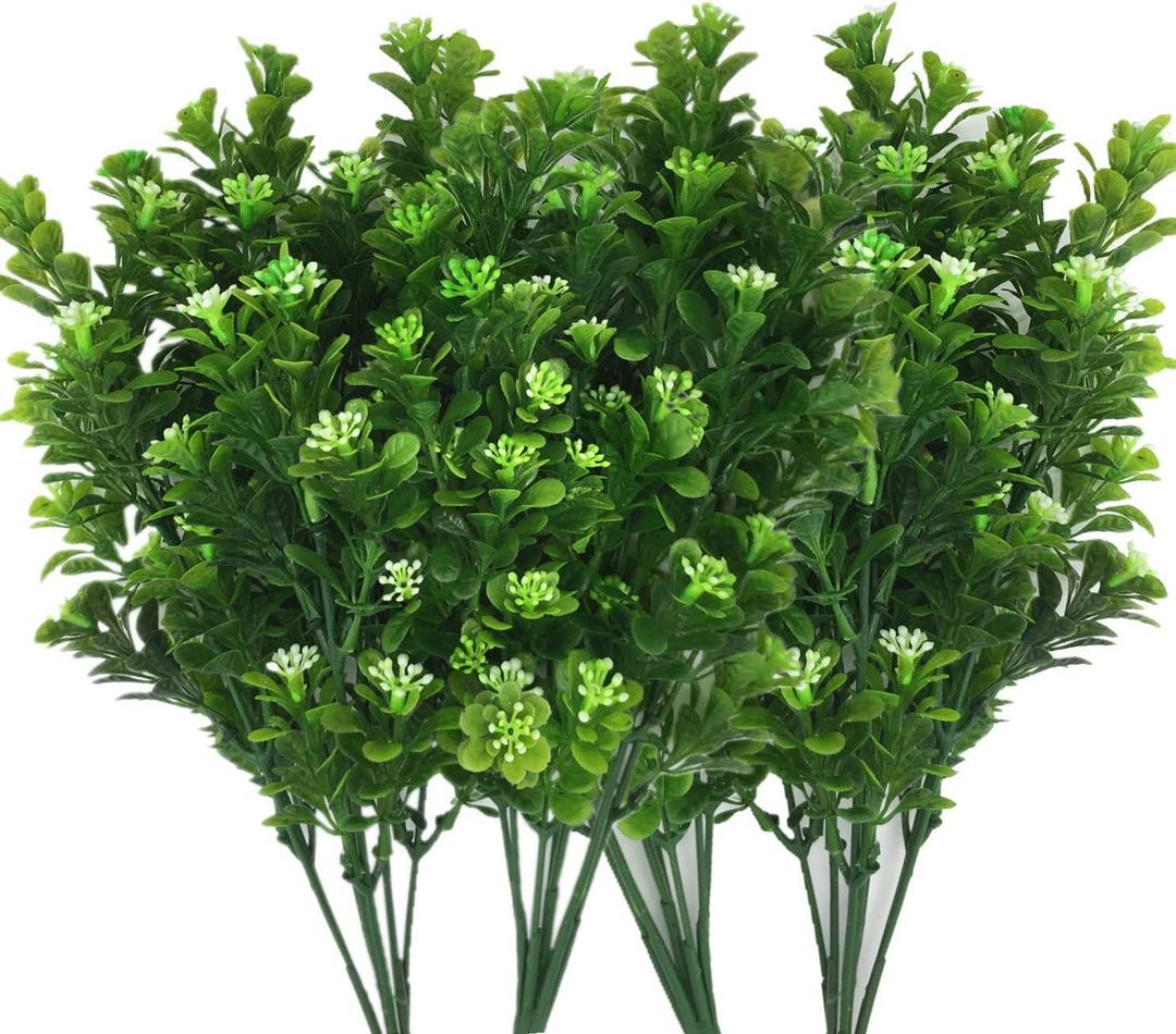 Artificial Plants, Faux Plastic Bean Flowers Shrubs Fake Grass Leaves Simulation Greenery Bushes Indoor Outside Home Garden Office Yard Verandah 12 Pack