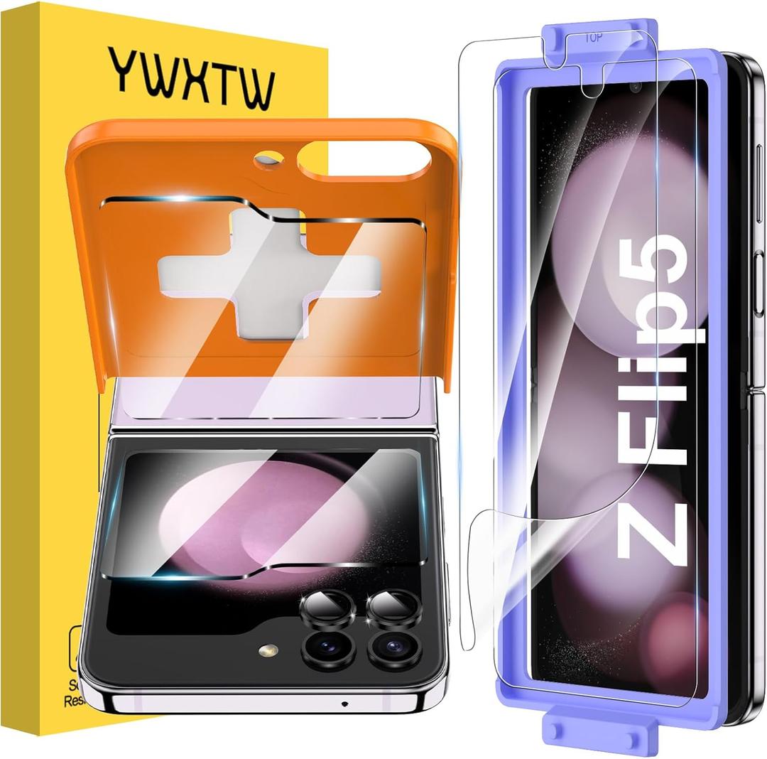 YWXTW [ 2023 Upgraded Alignment Tool for Samsung Galaxy Z Flip 5 Screen Protector, 2 Pack Inner Soft EPU + 2 Pack Front Tempered Glass + 2 PCS Metal Camera Lens Protector, Case Friendly