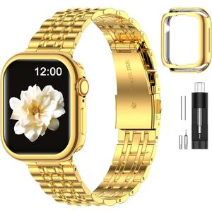 MioHHR Slim Metal Band Compatible with Apple Watch 41mm 40mm 38mm, Solid Stainless Steel Chain Strap for Women Men iWatch Bands Series 9 8 7 6 5 4 3 2 1 SE3 SE2 SE, Gold