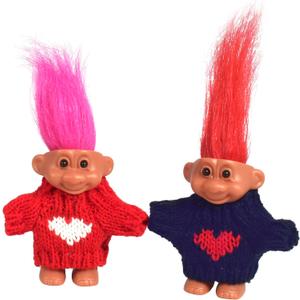 2 PCS Retro Lucky Troll Dolls in Hand-Knit Sweaters - Colorful, Adorable, Great for Collections, School Projects, Crafts & Party Favors (Blue&red)