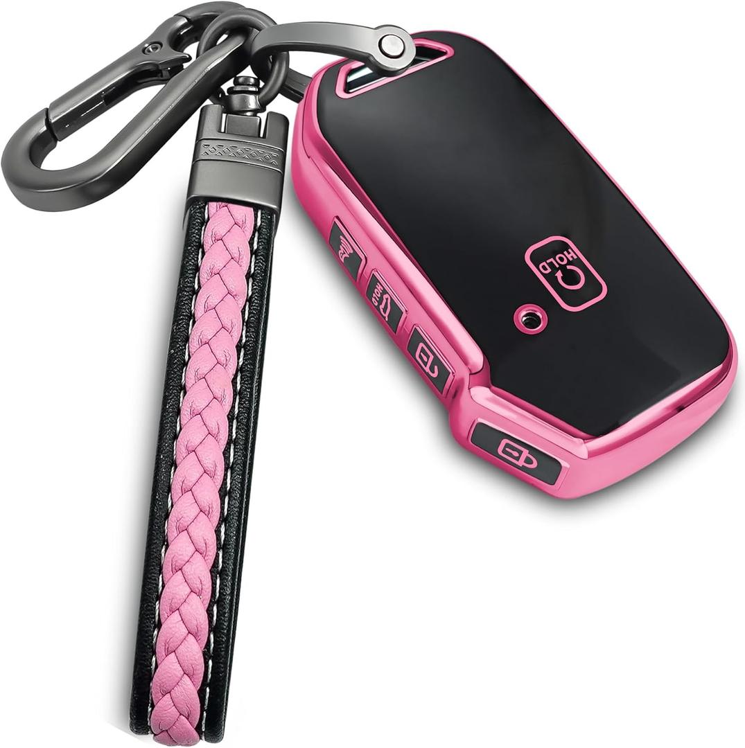 Kia Key Fob Cover With Metal/Leather Keychain, TPU 5 Buttons Case, Compatible With NIRO Sorento Seltos Soul Telluride Cerato Ceed Forte Remote Smart, Car Accessories, Pink