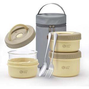 Portable Bento Box Adult Lunch Box Set, 3 Pcs Glass Lunch Container for Adults, 15 Oz+15 Oz+22 Oz Adult Lunchable Containers with Insulated Bag, Leak-Proof, Microwave Safe (Yellow (Glass Liner))