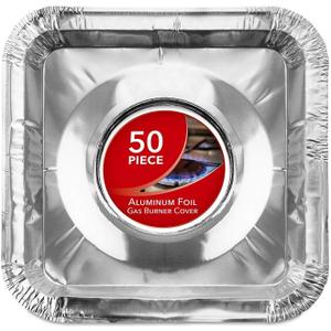 Disposable Gas Burner Liners (50 Pack) Aluminum Foil Square Gas Stove Burner Covers - 8.5 Inch Gas Range Protector, Stove Top Covers for Gas Burners, Foil Liners to Catch Oil, Grease, and Food Spills
