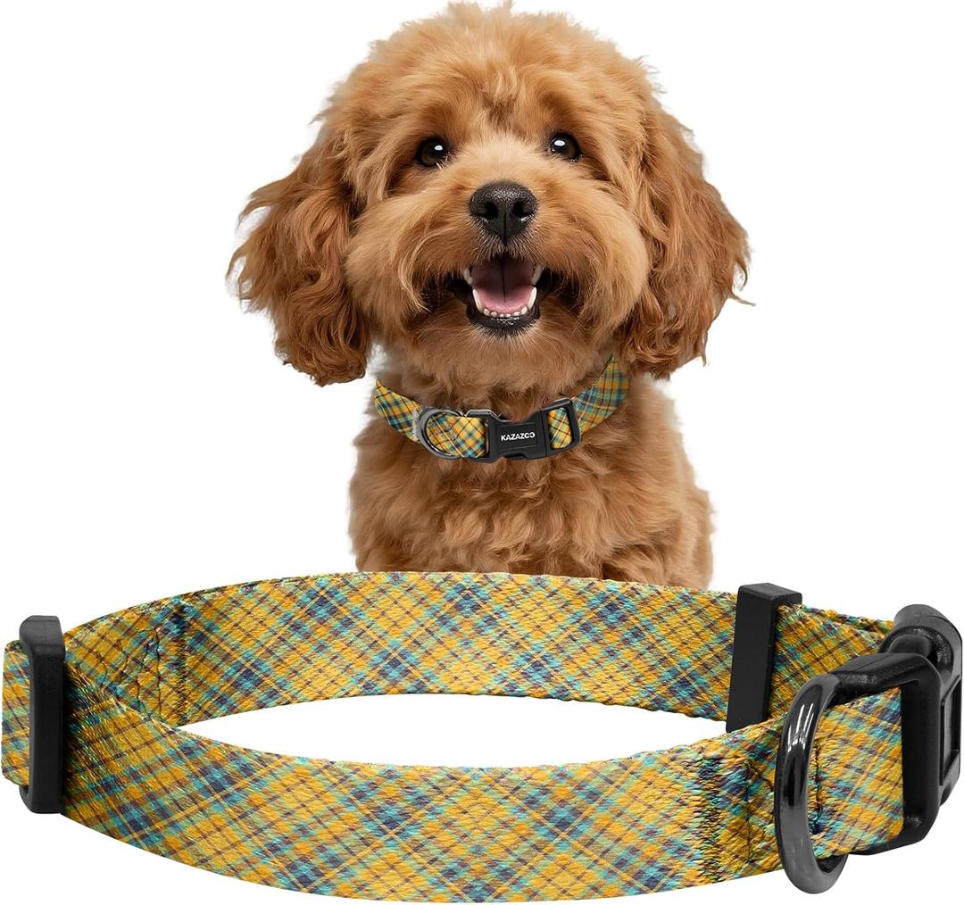 2 x Kazazoo Dog Collar Cute and Soft Nylon Puppy Collar for Boy and Girl, Adjustable Dog Collars for Small Medium Dogs, Yellow&Blue Plaid-S