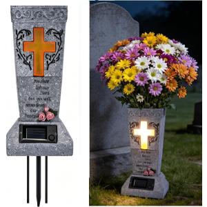 Solar Cemetery Vase for Grave Decor - Waterproof Memorial Flower Holder with LED Cross Light - Sympathy Gifts for Loss of Loved One, Cemetery Decorations for Fresh or Artificial Flowers
