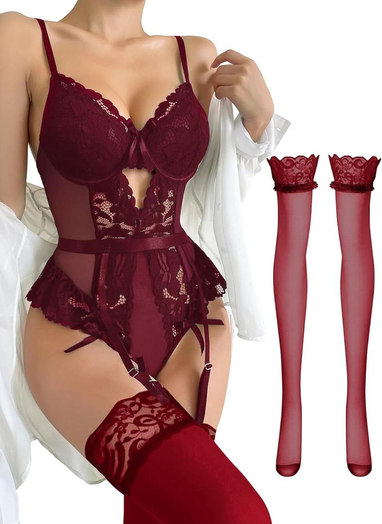 Lilosy Sexy Stocking Lace Mesh Bodysuit Top Underwire Garter Lingerie Set 3 Piece (Small, Wine Red)