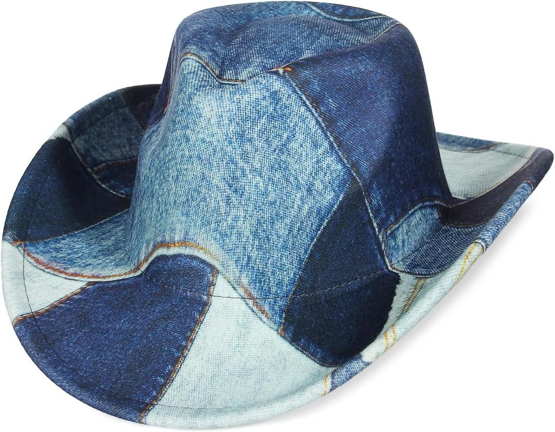 Tie Dye Denim Patchwork Cowboy Hat for Women Men Western Wide Brim Costume Party Hat (7-7 1/4, Dark Blue)