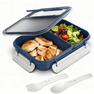 WHALEHOUSE Large Capacity Bento Box for Adult, 1700ML 3 Compartments Lunch Box with Utensil, Airtight Food Container with Lids for Meal Prep, Microwave/Dishwasher/Freezer Safe, On the Go (Dark Blue)