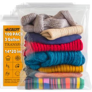 100 Count Large Zip Plastic Bags for Storage Bulk 14"20", 3 Gallon | 2 mil Thick Reclosable Jumbo Bags for Household, Clothes, T-shirts Packing