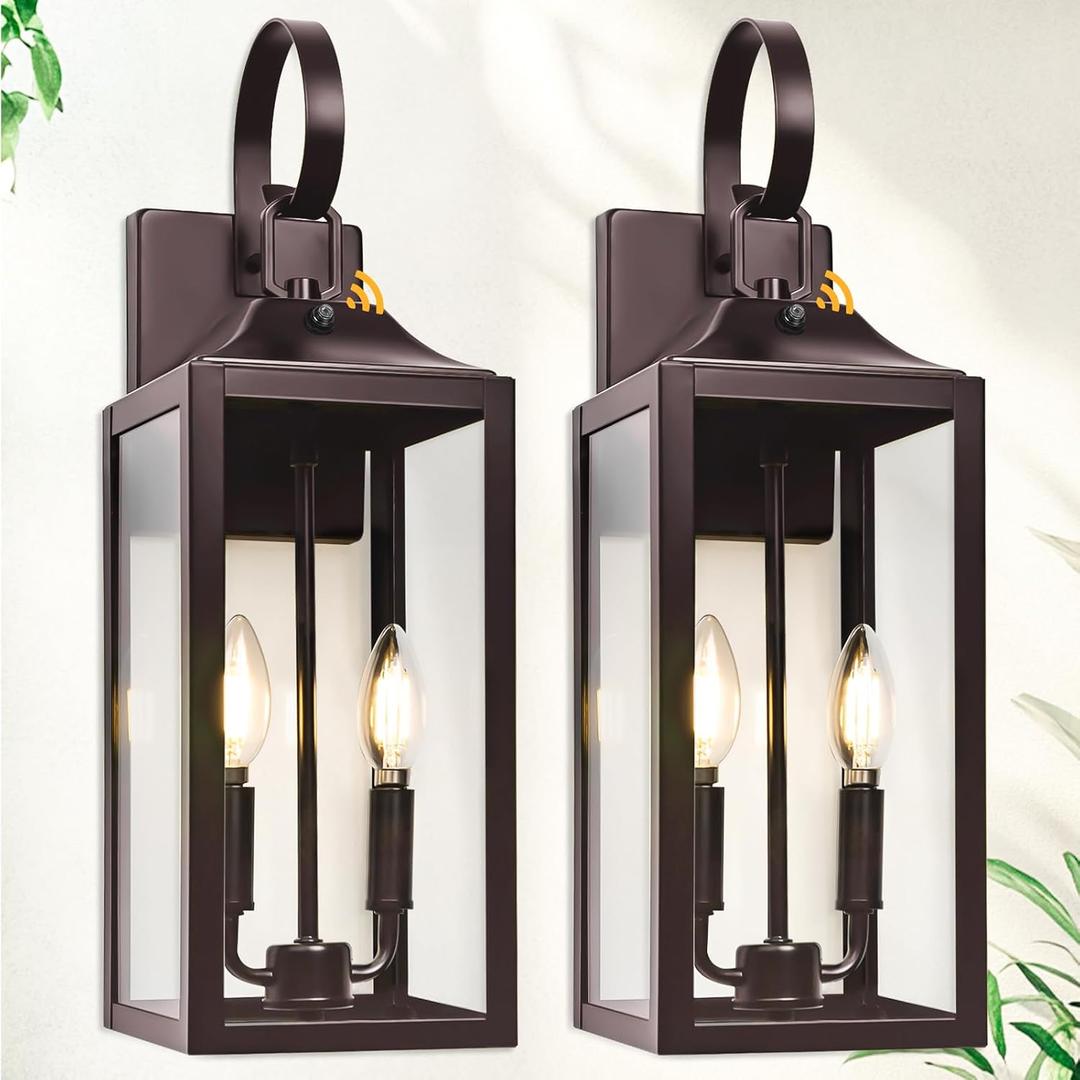Oil Rubbed Bronze Dusk to Dawn Outdoor Wall Lighting, 19" Large Outside Modern Wall Sconce Lantern, Industrial Porch Light Wall Mount, Waterproof Farmhouse Exterior Lamp 2-Light Brown, 2 Pack