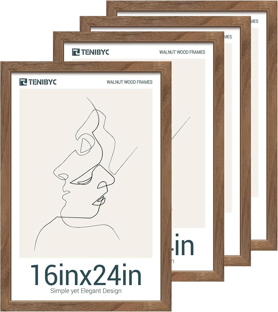 16x24 Frame - 4 Pack, Walnut Brown Wood Grain, Display 16x24 or 24x16 Photos, Posters and Puzzles, Picture Frame for Wall