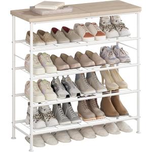 SUOERNUO Shoe Rack Organizer 5 Tier for Closet Entryway Free Standing Metal Storage Shoe Shelf with MDF Top BoardWhite+Oak