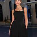 GOKATOSAU Women's Square Neck Sleeveless Bodycon Ruched Waist Flowy A-Line Ruffle Hem Mini Dress Black (Black, M)