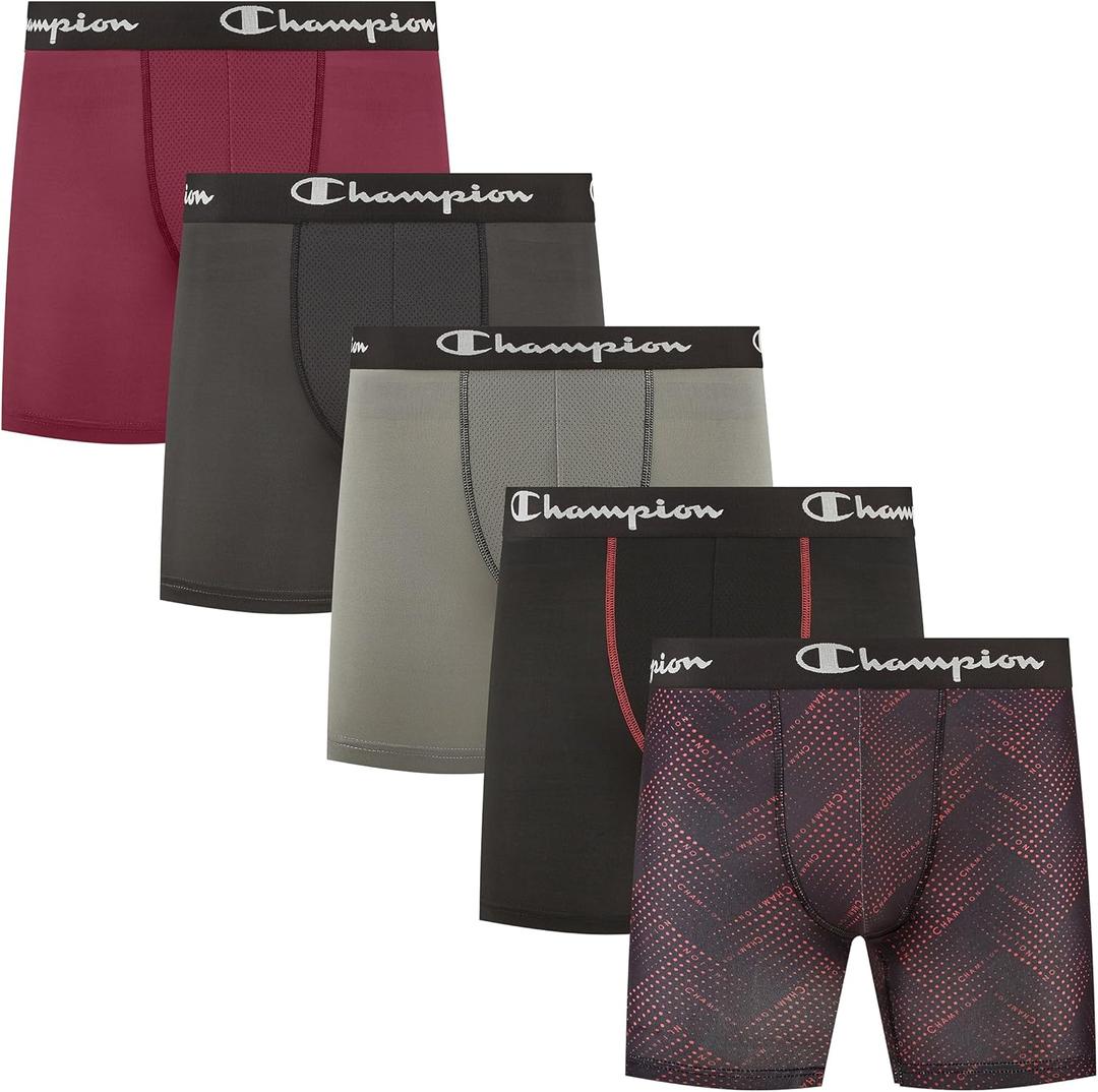 Champion Men's Performance Boxer Brief- 5 Pack (Medium, Tibetan Red, Phantom, Monument, Black, Black Print)