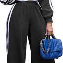 Akmipoem Sweatsuits Women 2 Piece Outfit Striped Tracksuit Long Sleeve Zipper Crop Jacket Wide Leg Sweatpants Set (Black, L)