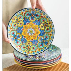 Ceramic Dinner Plates, 8.5 Inch Small Salad Dessert Plate Set of 6, Colorful Bohemian Plates for Appetizers, Snacks, Fruit, Small Plate Set for Kitchen & Restaurant, Microwave, Oven and Dishware Safe
