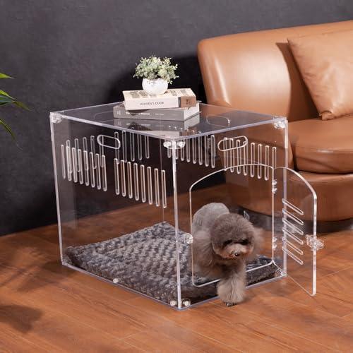 Feoyoho Modern Clear Acrylic Dog Crate Furniture with Cushion, Secure Indoor Kennel for Medium & Small Dogs, 27.5" L Side End Table Dog Cage with Latch Lock
