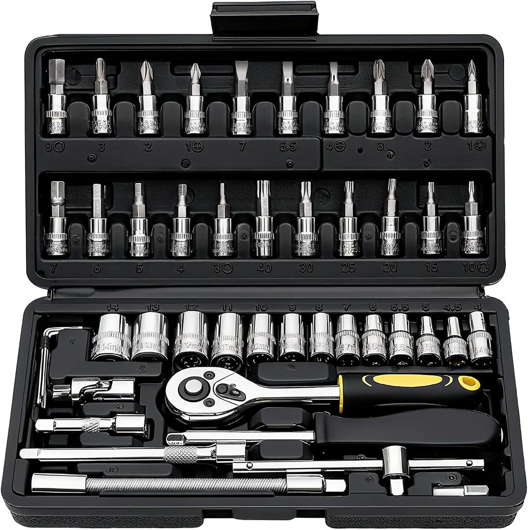 Elinoover 46-Piece Socket Wrench Set, Premium 1/4 inch Metric Socket Set, Ratchet Set with Quick-Release Ratchet and Extension Bar, Compact Storage Case - Perfect for Auto Repair & Home Use