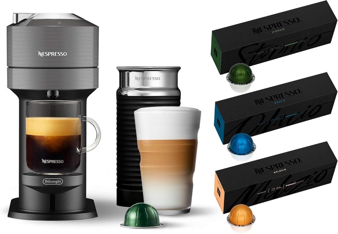 Nespresso Vertuo Next Coffee and Espresso Machine by De'Longhi, Dark Grey w/Aeroccino Milk Frother, One Touch Brew, Single-Serve Coffee and Espresso Maker, With Capsules (BBD 31/10/2026) Dark Grey