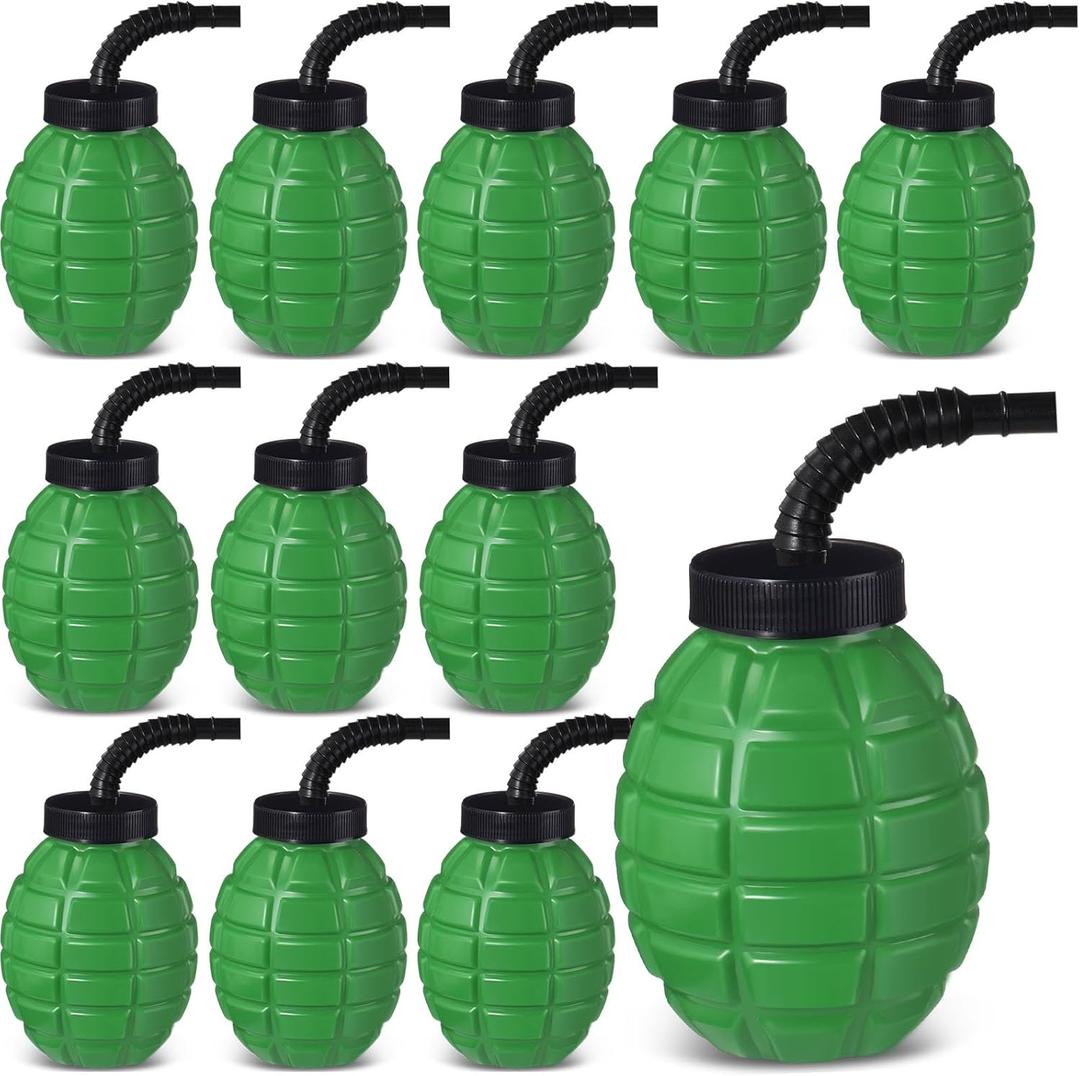 Tanlade Army Birthday Party Camo Party Supplies Grenade Cups with Straws and Lids, 10 oz Plastic Grenade Shape Cup Reusable Cups Bulk for Army Soldier Camouflage(12 Pcs)