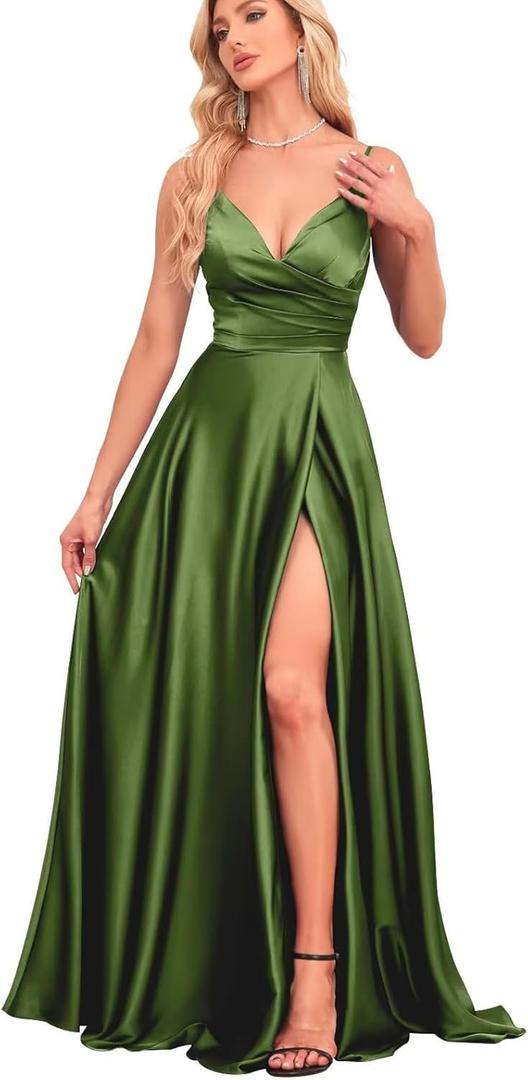 IIF Bridesmaid Dresses with Slit Satin A Line Spaghetti Strap Formal Prom Evening Party Gown with Pocket IIF023 (12, Olive Green)
