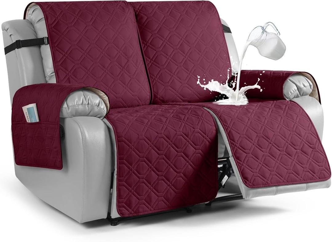 VANSOFY Waterproof Recliner Couch Covers, Sofa Covers 1-Piece Washable Reclining Sofa Cover Non-Slip Furniture Protector with Elastic Straps Pocket for Dogs, Pets(Burgundy,2 Seater)