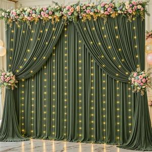 20 x 10ft Olive Green Backdrop Curtain with Light String | 5 x 10ft 4 panels,wrinkle free,polyester fabric,easy to hang,reusable for wedding,baby shower,birthday,DIY decor,photo