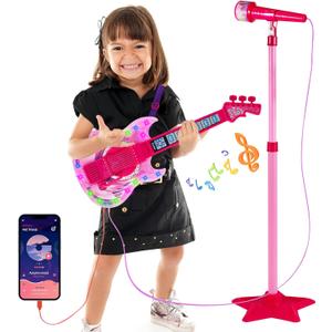 Guitar and Microphone Play Set for Girls,Karaoke Machine with Music&Light,Microphone Toys with Stand,Adjustable Height Guitar Toys for Kids,Toddlers,Child (Red)