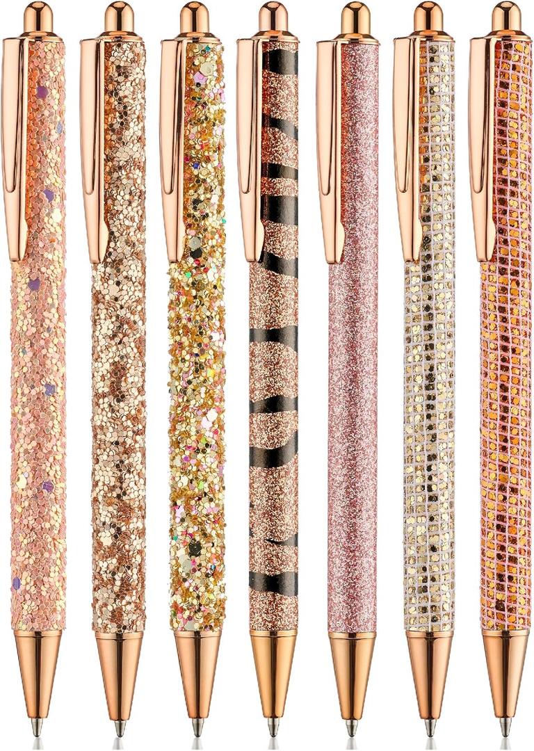 Mr. Pen- Fancy Pens for Women, 7 Black Ink Ballpoint Pens with 10 Refills, 1.0mm, Rose Gold Reverie, Glitter Cute Pens for Journaling, Sparkly Fancy Pen