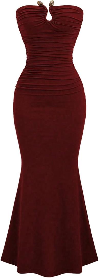 Floerns Women's Elegant Summer Maxi Dress Strapless Fishtail Hem Wedding Guest Dresses (Large, Burgundy)