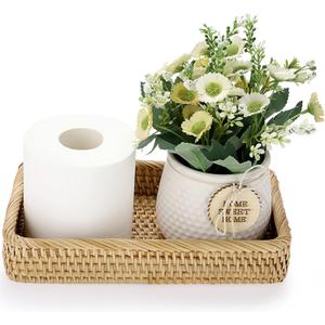 Sumnacon 10 Inch Rattan Bathroom Vanity Tray - Decorative Wicker Toilet Tank Tray for Paper Hand Towel, Vintage Storage Basket Bin for Bathroom Kitchen Toilet Tank Vanity Countertop Table Shelf (10" x 6.1" x 1.8", Yellow)