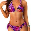 Women Halter Bikini Set - Two Piece Triangle Swimsuit Tie Bathing Suit 2025 Cute Swimwear (Medium, Purple Leaf)