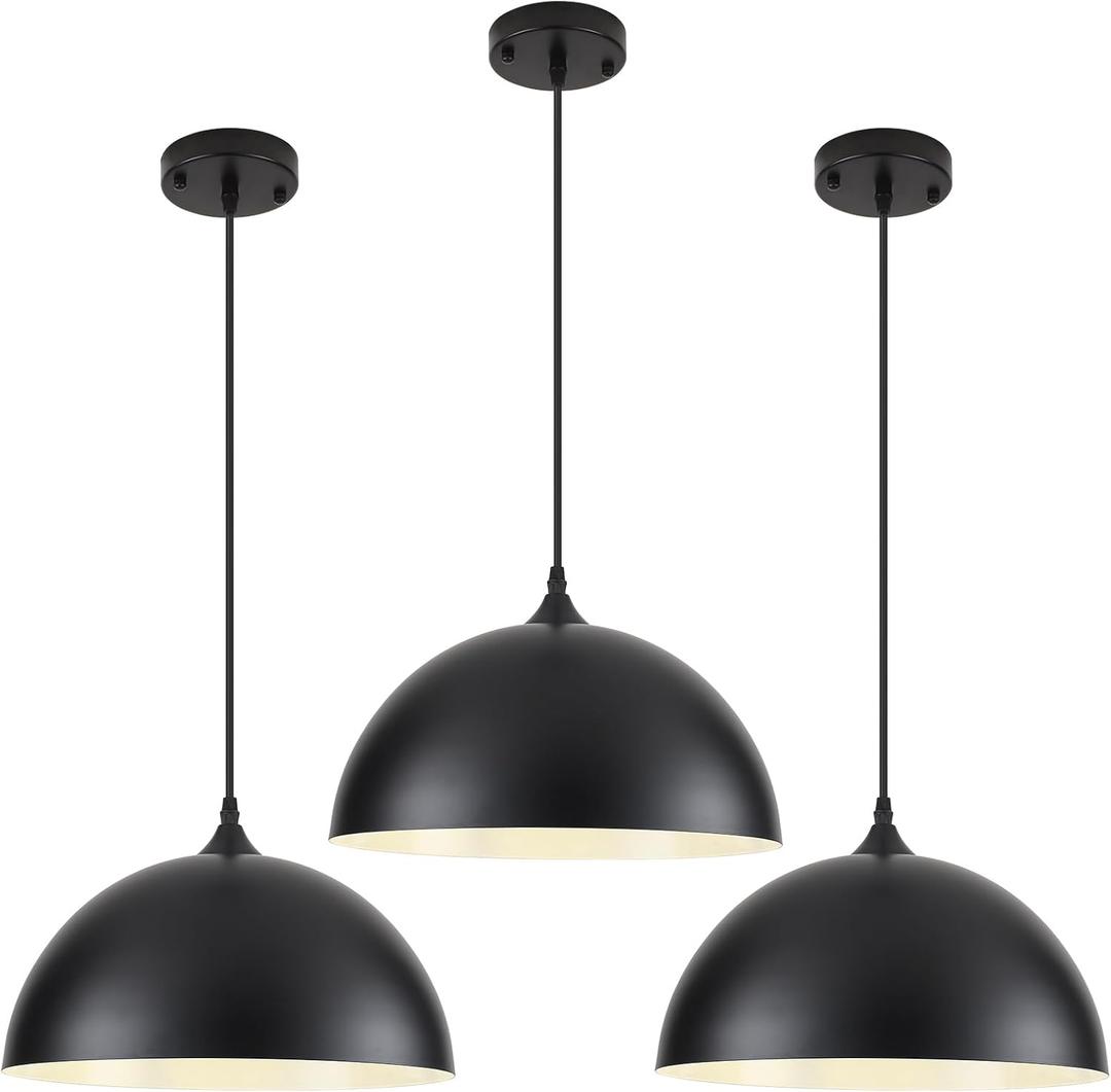 Black Pendant Lights Kitchen Island 3 Packs, 14 Inch Large Dome Pendant Light, Black and White Farmhouse Pendant Light, Island Pendant Lights for Kitchen, Dining Room, Cafe