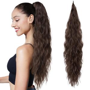 Flufymooz Ponytail Extension, Flexible Wrap Around Ponytail Extension, Long Wavy Curly Ponytail Hair Extensions, Natural Ponytail Synthetic Hairpiece for Women, 26 Inch (Dark Chocolate Brown)