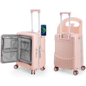 Ride On Luggage with Foldable Seat&Seat Belt,Hardshell Ride On Suitcase with Front Pocket,Lockable 4-Spinner Wheels,USB Port,TSA Lock,20 inch,Pink, Medium