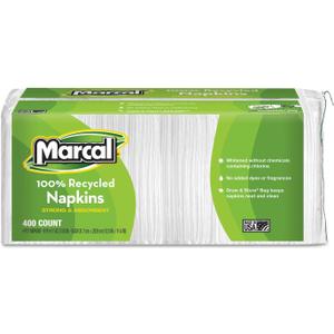 100% Recycled Lunch Napkins, 1-Ply, 11.4 X 12.5, White, 400/Pack, 12.5x11.4 inch
