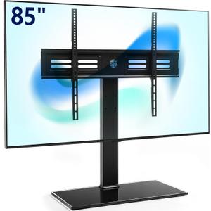 FITUEYES Universal TV Stand with Swivel Mount for 50-85 inch Flat Screens - Height Adjustable Tempered Glass Base Holds up to 143 lbs (Black)