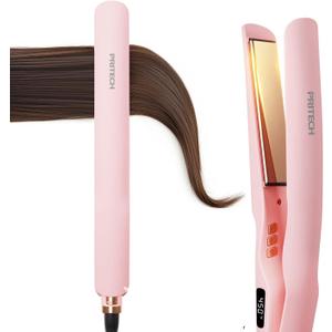 Flat Iron Hair Straightener 1 Inch Titanium - Fast Heating Pink Hair Straightener Negative Ions Flat Iron 12 Temp (230F-450F), Auto Shut Off, Temp Memory & Dual Voltage for Smooth Silky Hair