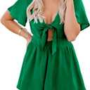 Aoysky Womens Summer Short Rompers Sexy Cute Loose Tie Front Jumpsuit Casual V Neck Wide Leg Beach Overalls (Green) XL